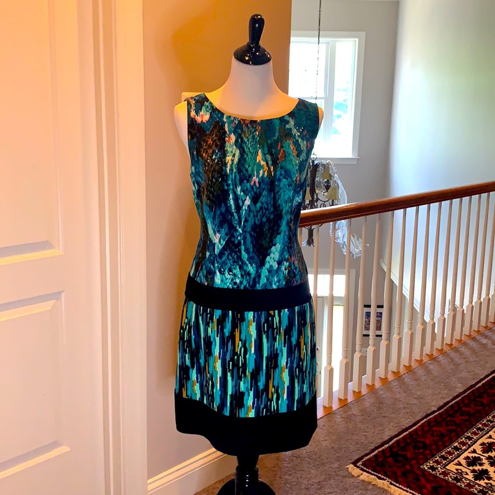 Laundry By Shelli Segal Teal and Black Printed Midi Dress